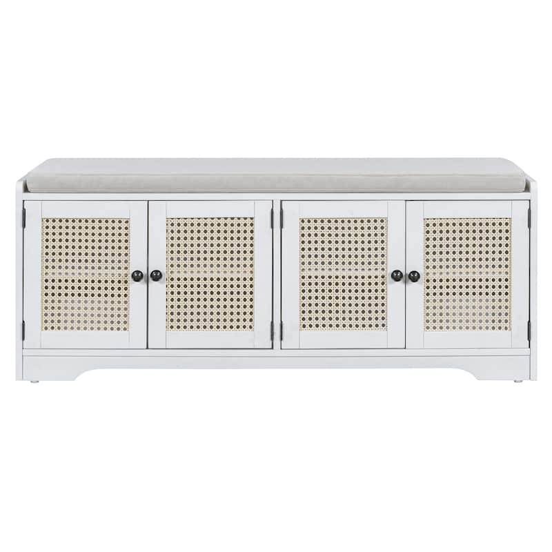 Rustic Storage Bench Multifunctional Wood Entryway Shoe Bench with Removable Cushion, Woven Rattan Doors & Adjustable Shelves