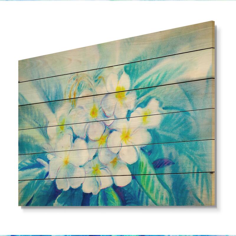 Designart 'White And Blue Pastel Flowers' Traditional Wood Wall Art Décor - Natural Pine Wood