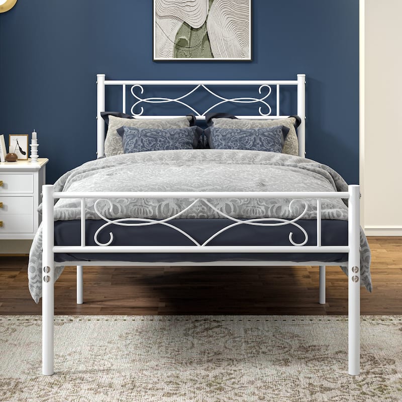 VECELO Metal Bed Frame with Headboard and Footboard No Box Spring Needed 12in Underbed Storage with Decorative Headboard - White - Twin
