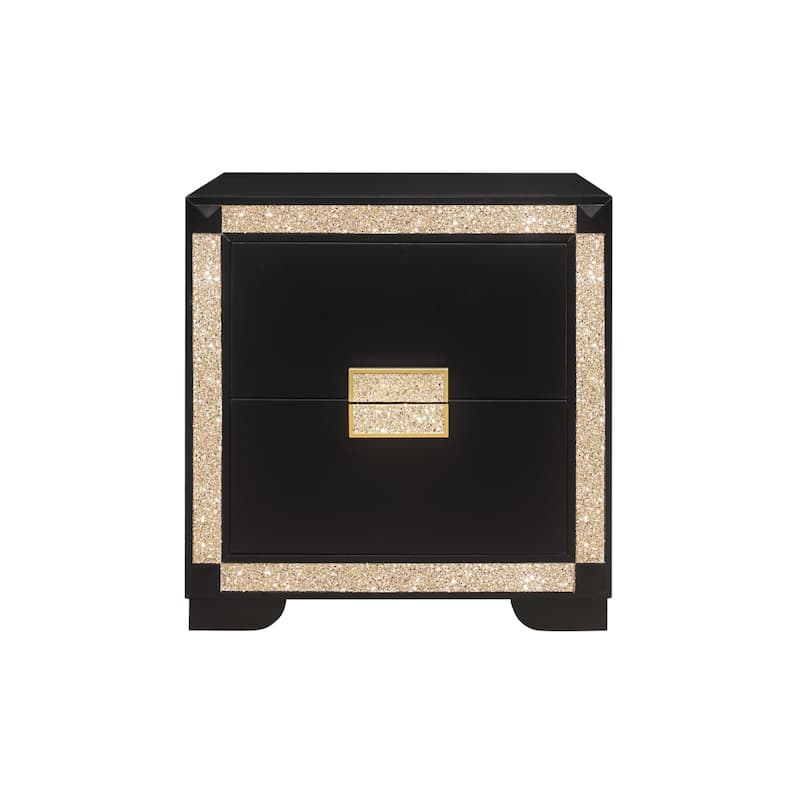 26" Black Gold Solid Wood Nightstand with Crystal Handles and 2 Drawer Bedside Accent Table