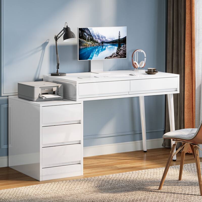 Reversible Computer Desk with Drawers, Modern Home Office Desk with Storage Drawers