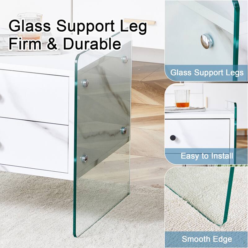 Double-drawer Bedside Table, The Board Surface Is MDF Sticker, And Both Sides Are Tempered Glass, With Storage Functions