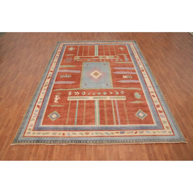 Hand Knotted Oriental 100% Wool Carpet Modern Geometric Oranges & Rust Gabbeh Area Rug - 12' 3'' X 9' 2''
