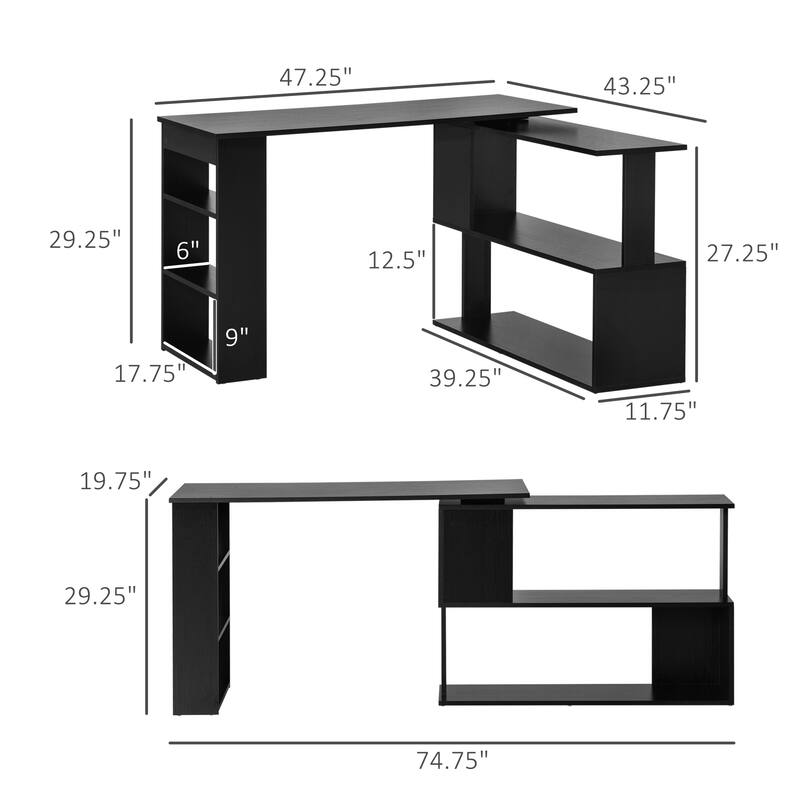 Modern L Shaped Computer Desk with 360° Rotating Support and Built In Shelves for Home Office or Bedroom