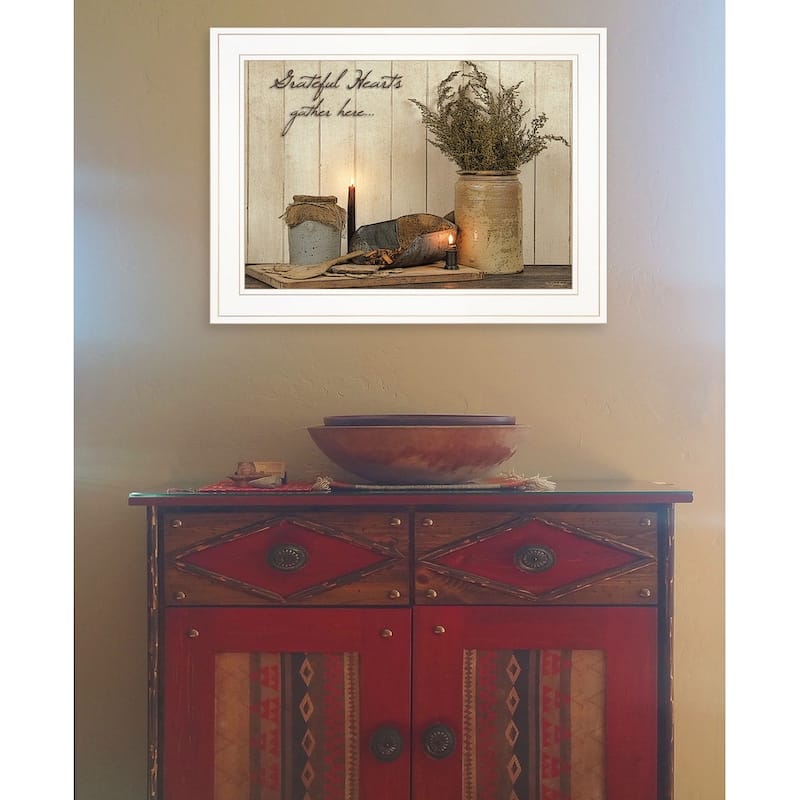 TrendyDecor4U Farmhouse "Grateful Hearts" Framed Print Wall Art by Susan Boyer - Earth Tone