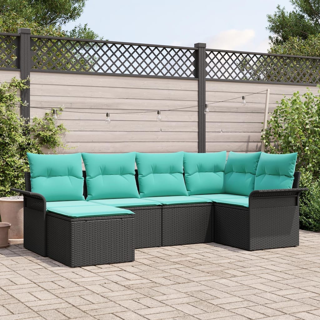 vidaXL 7 Garden Sofa Set with Cushions Black Poly Rattan - 95.9 x 52.2 x 27.2