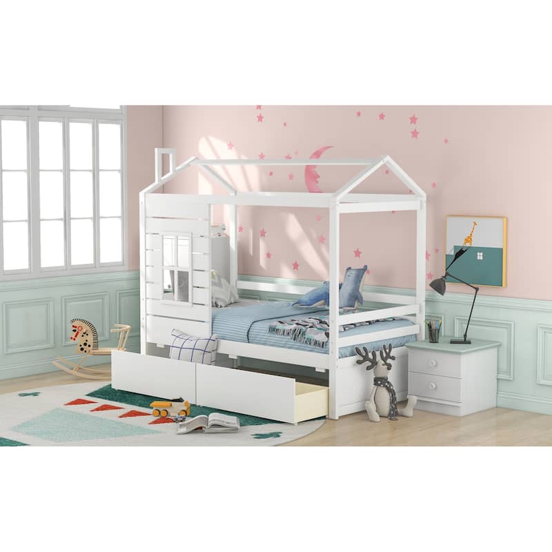 Twin Size House Bed Wood Bed with Two Drawers ( White )