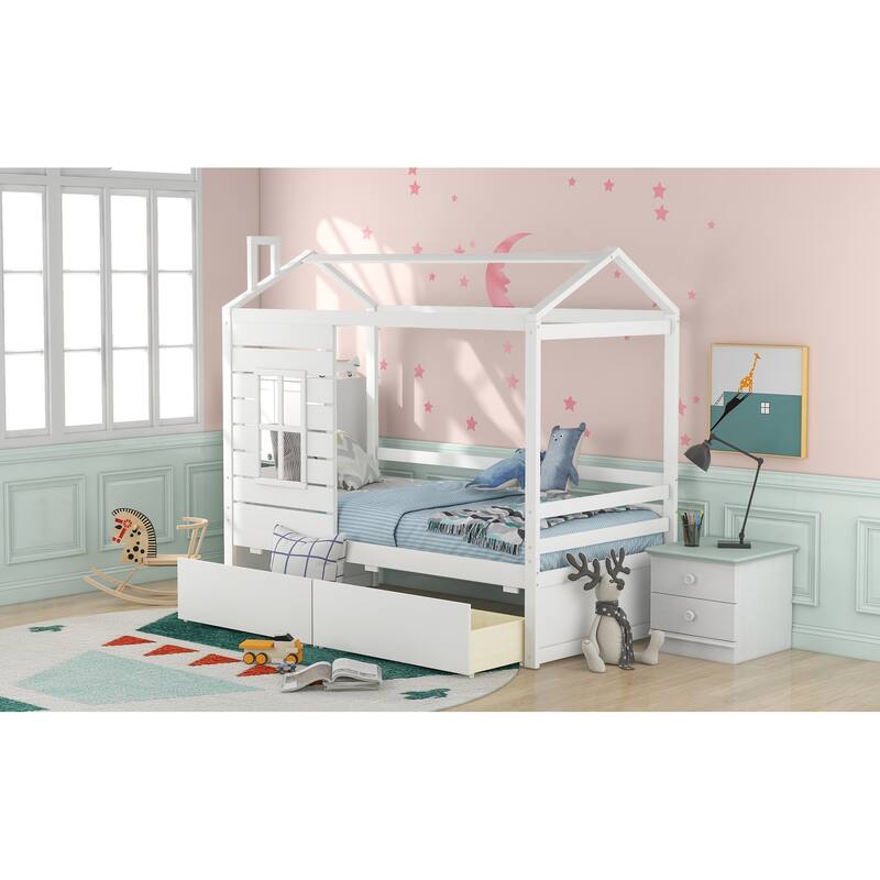 Twin Size Wood House Bed with Two Drawers, White