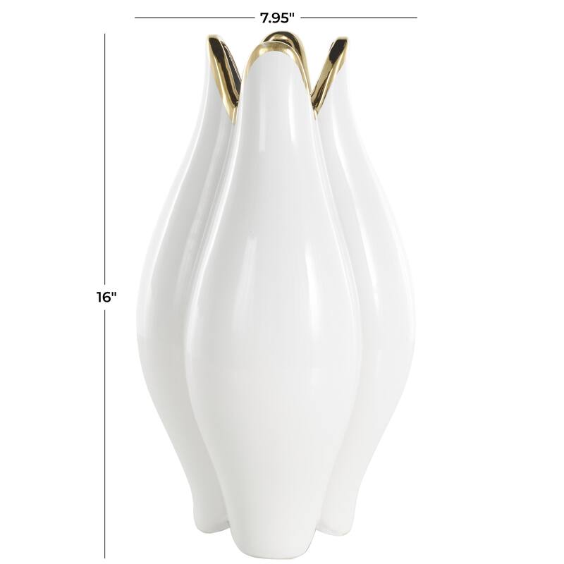 Ceramic Dimensional Tulip Shaped Decorative Vase with Metallic Gold Rim - White - Roche River Decor