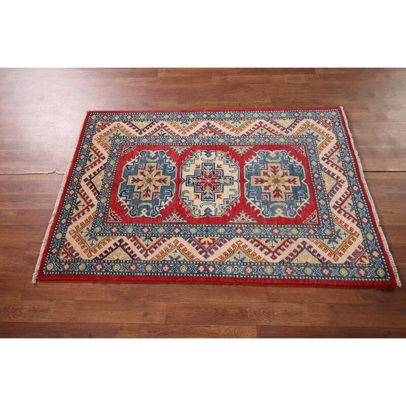 Geometric Kazak Accent Rug Hand-Knotted Red Wool Carpet - 3'3" x 4'9"