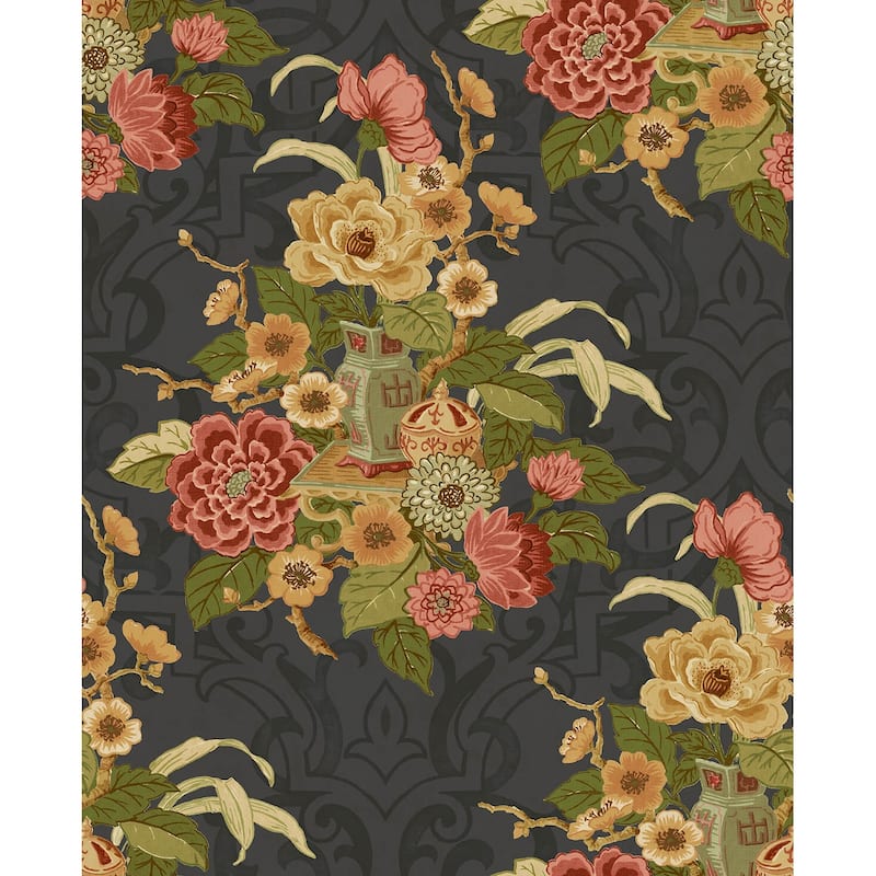 Seabrook Designs Koi Dynasty Floral Unpasted Wallpaper - 20.5 in. W x 33 ft. L - Metallic Ebony