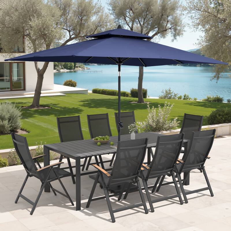 9/11-Piece Outdoor Patio Dining Set Aluminum Dining Table and Chairs w/10 ft Market Umbrella and Base with Wheels