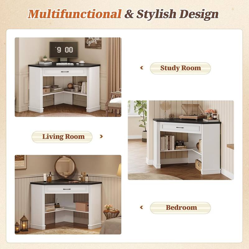 Small Corner Desk Triangle Computer Desk Drawer Storage Shelves