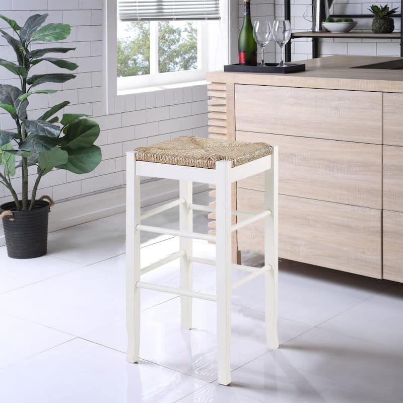 Square Wooden Frame Barstool with Hand Woven Rush - 29 H x 14.5 W x 14.5 L - White and Brown