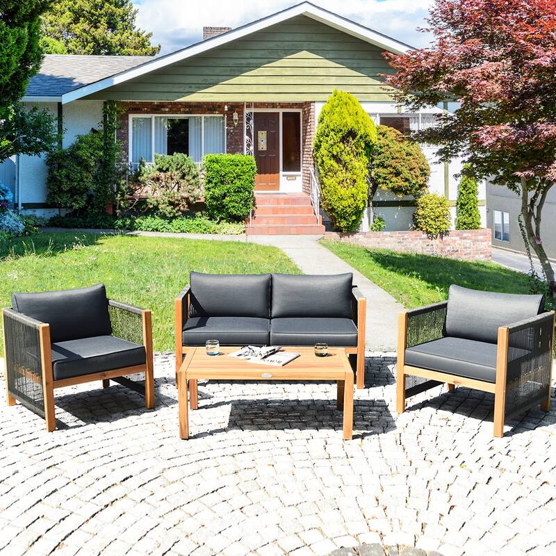 Costway 4PCS Wooden Patio Furniture Set Cushioned Sofa W/Rope Armrest - 4-Piece Sets - Grey
