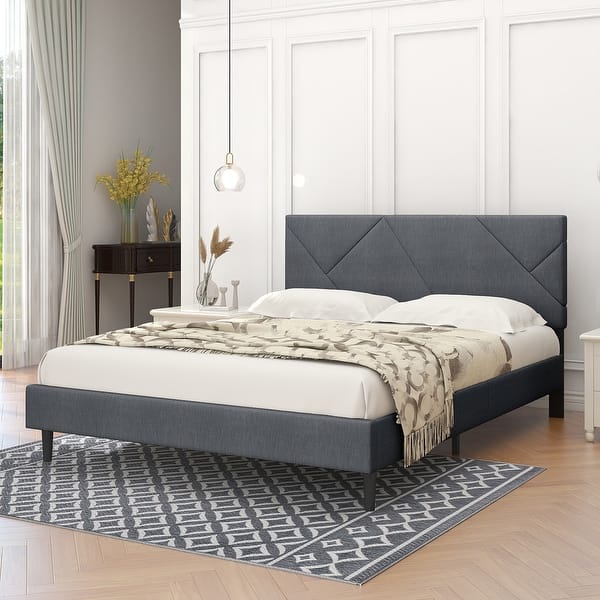slide 2 of 6, Queen Size Linen Dark Grey Sqaure Upholstered Platform Bed With Slat Support. Dark Gray