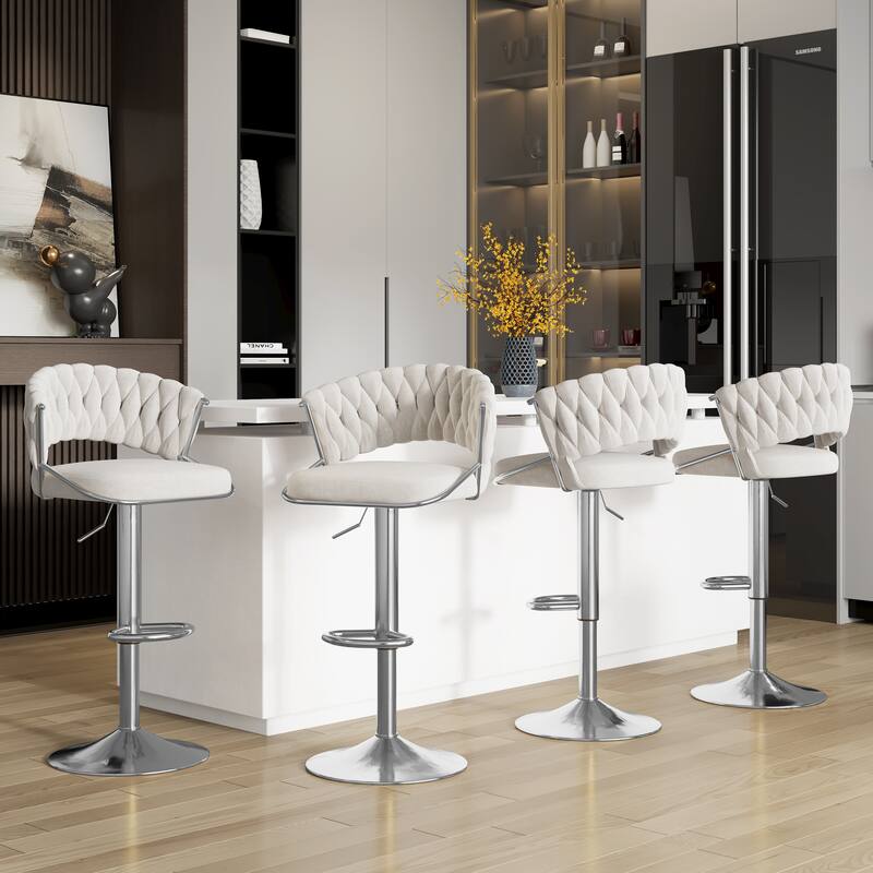 Modern Velvet Counter Bar Stools with Backs(Set of 4) - Ivory-Silver