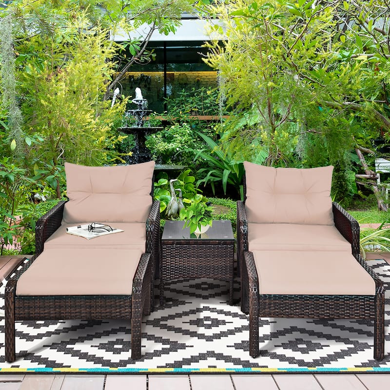 Costway 5 PCS Rattan Wicker Furniture Set Sofa Ottoman W/Brown Cushion