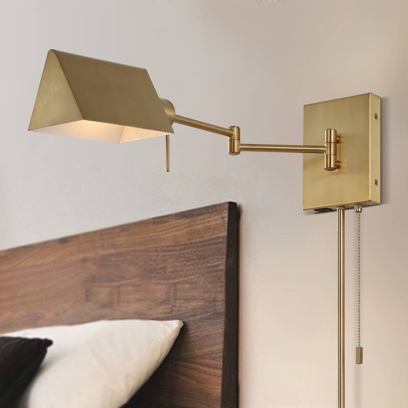 Curtis Farmhouse Swing Arm Plug-In or Hardwired Iron LED Wall Sconce with Pull-Chain with USB Charging Port, by JONATHAN Y