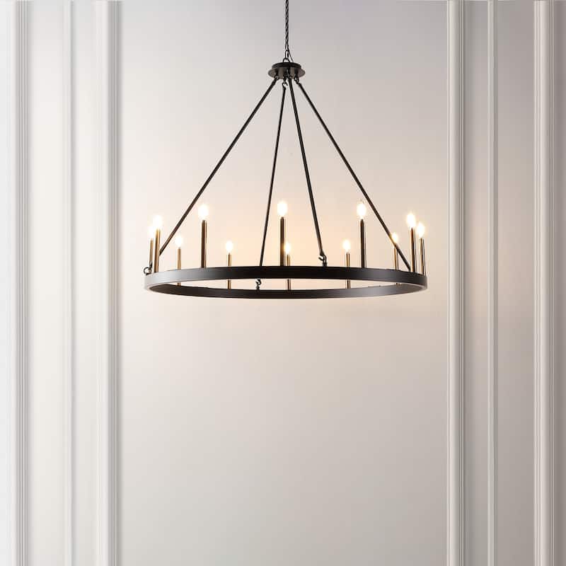 SAFAVIEH Chandelier Edelgard 42" Glam Chandelier (12-Bulb) - 42" W x 42" D x 99" H - Matte Black/Gold