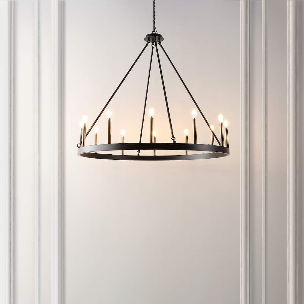 SAFAVIEH Chandelier Edelgard 42" Glam Chandelier (12-Bulb) - 42" W x 42" D x 99" H - Matte Black/Gold
