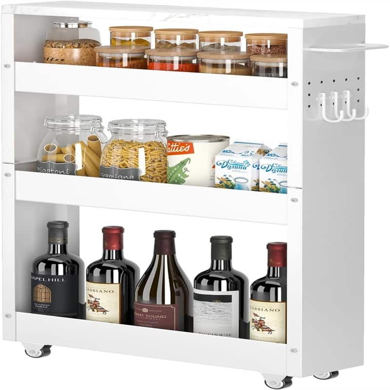 4Tier Kitchen Rolling Cart Narrow Storage Cabinet with Handle - 16.7"D x 5"W x 32"H - White