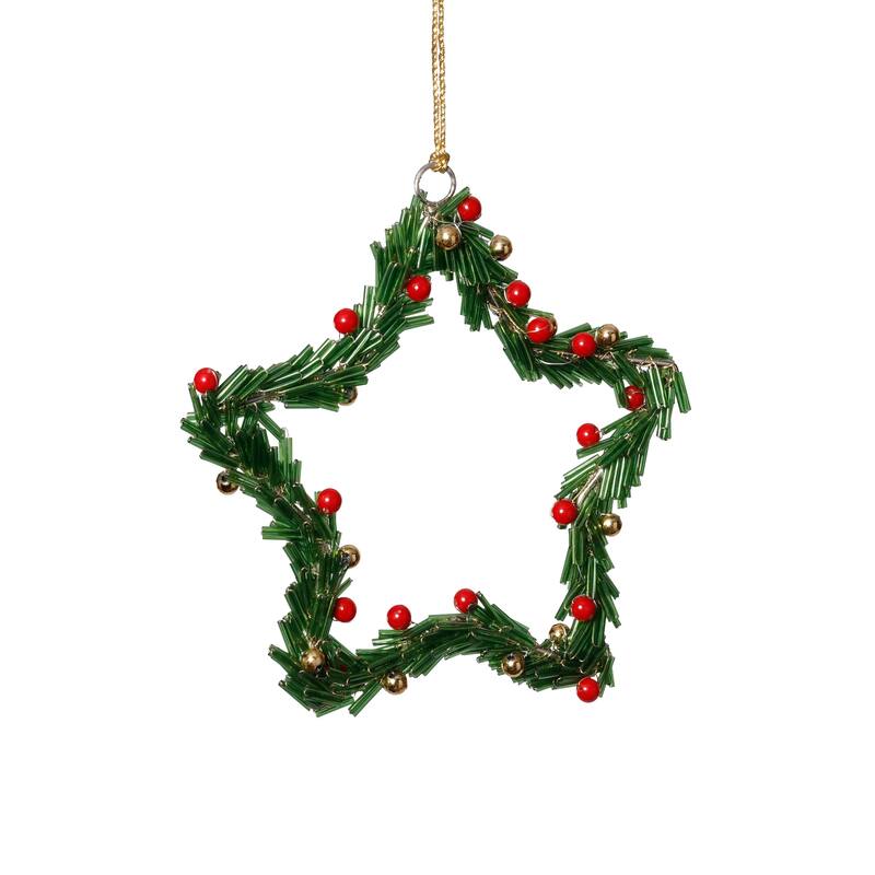 Festive Beaded Christmas Star Hanging Ornaments with Red Berries, Set of 12, 6" - Green
