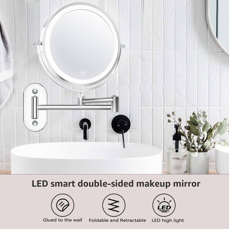 Yulika Rechargeable Lighted Wall Mounted Makeup Mirror with 3 Color Lights Double Sided 1X/10X or 1X/7X