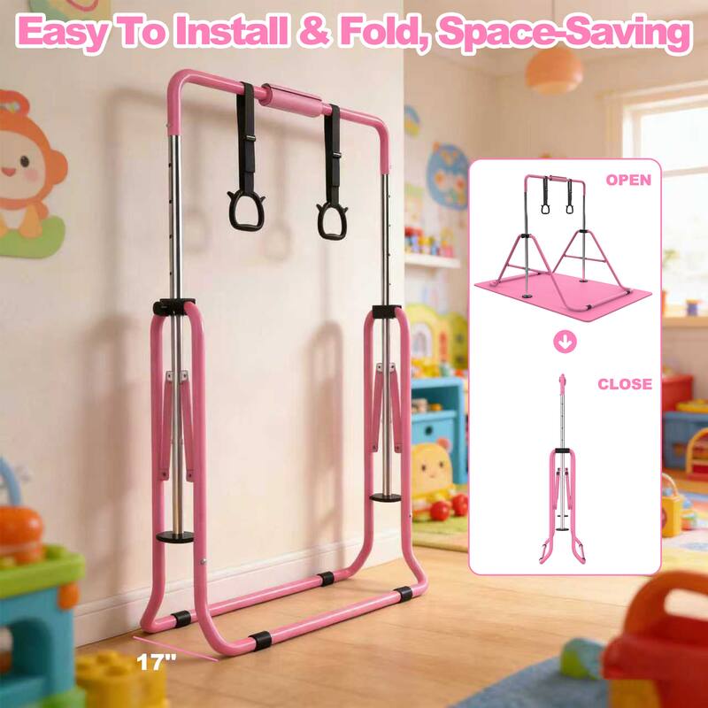 Gymnastics Bar for Kids, Gymnastics Horizontal Bar with Adjustable Height Foldable Training Bar with Mat for Home Practice