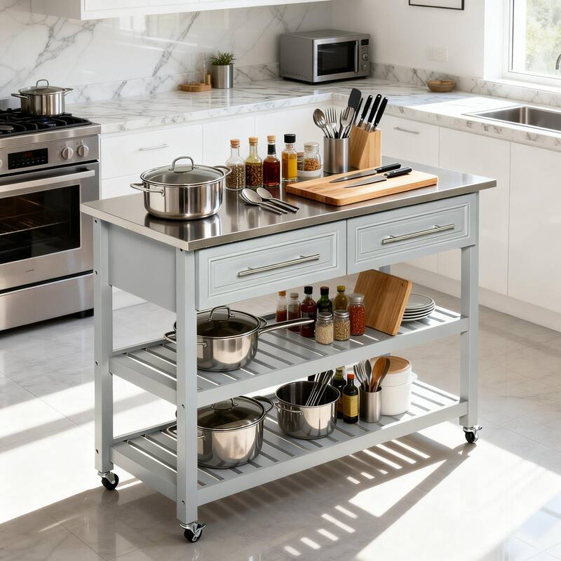 HOMCOM Kitchen Island Stainless Steel Top Rolling Utility Cart with Drawers, Shelves - Grey