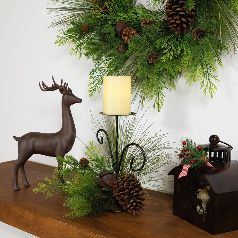 Pine Cones and Jingle Bell Christmas Pillar Candle Holder - 10"