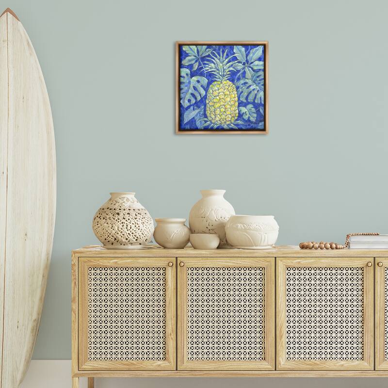 Stupell Tropical Pineapple on Blue Framed Floater Canvas Wall Art Design By Paul Brent