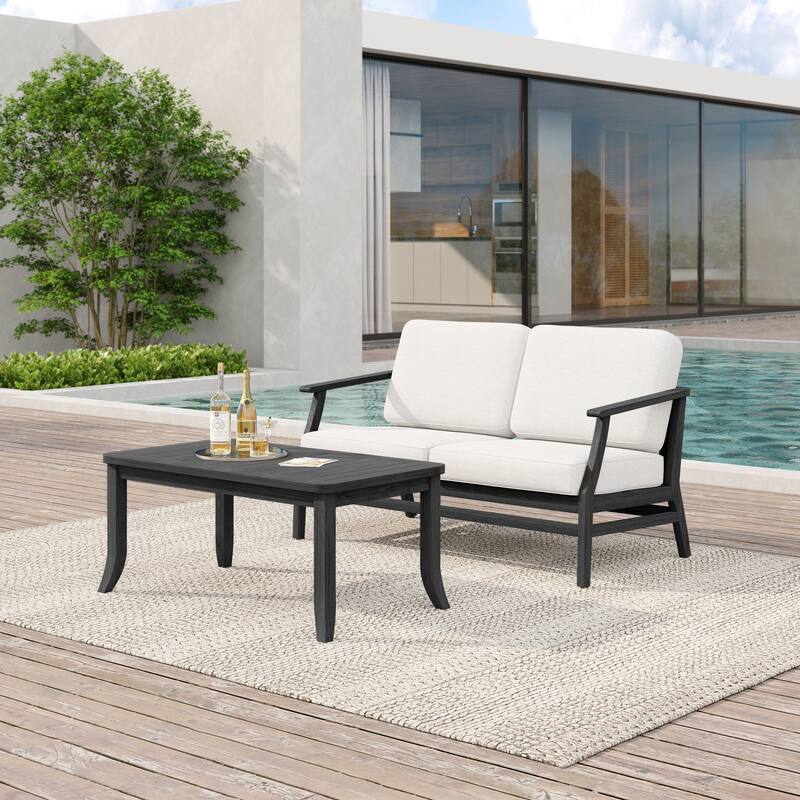 Teak Wood Patio Outdoor Loveseat Sofa and Coffee Table Set
