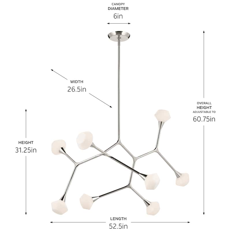 Cassius 52.5 Inch 8 Light Convertible Chandelier with Opal Glass in Polished Nickel