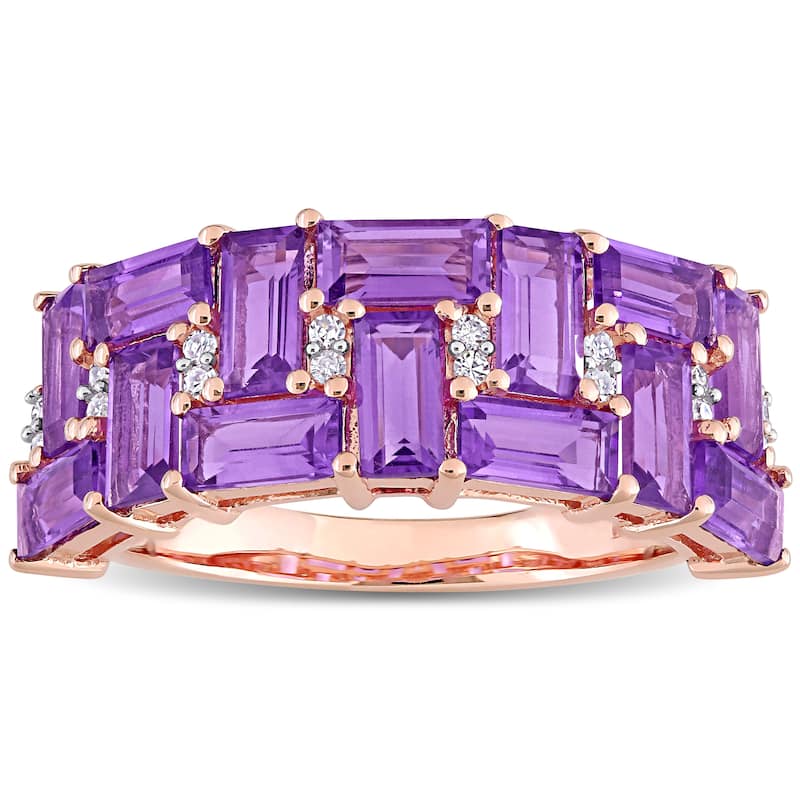 Miadora 10k Rose Gold Baguette African-Amethyst & 1/10ct TDW Diamond Semi-Eternity Wedding Band Ring