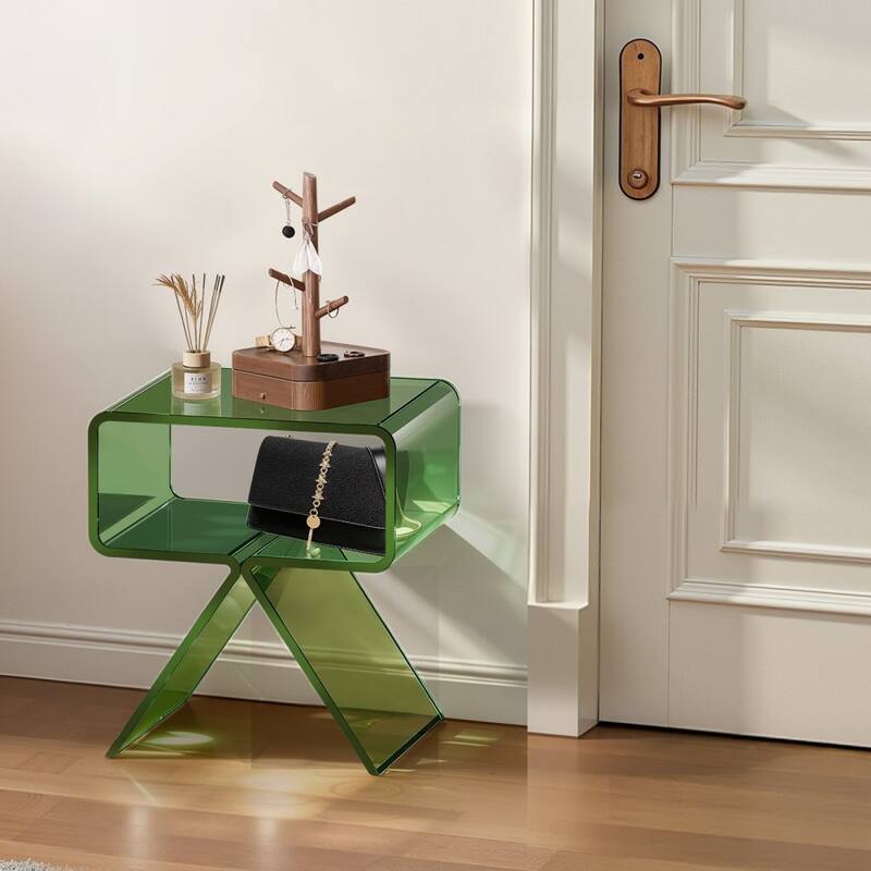 Transparent Green Acrylic Side Table with 2-Tier Storage and Sturdy Design - 11.8 x 15.4 x 17 in