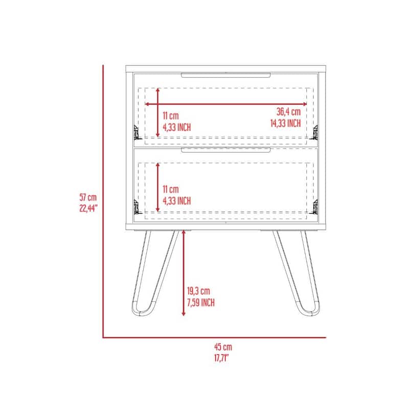 Nightstand 22" H, Four hairpin legs, Two Drawers,Modern Simple Style