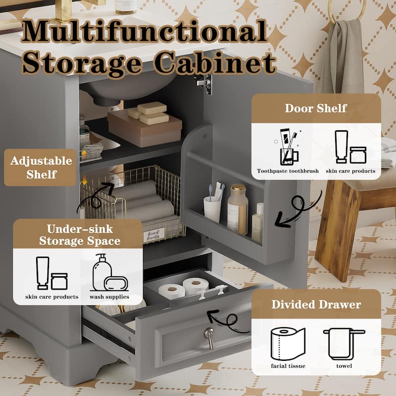 20" Bathroom Vanity with Ceramic Sink, Soft-Close Door, Drawer, Adjustable U-Shaped Shelf, Modern Freestanding Design
