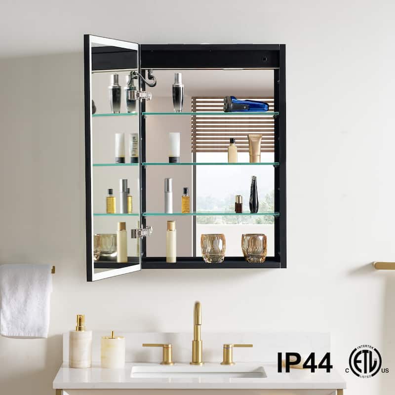 30'' H Recessed Or Surface Wall Mounted LED Mirror Cabinet With Mirror And Adjustable Shelves,Black Frame