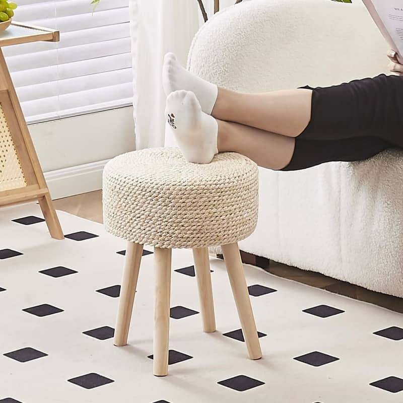 Footstool Ottoman Round with Solid Wood Legs