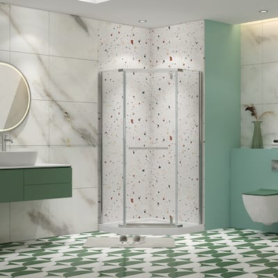 Pivot shower door, with 1/4" tempered glass , 34.75 in.x72 in. Frameless Neo-Angle Pivot Shower Enclosure in Chrome.