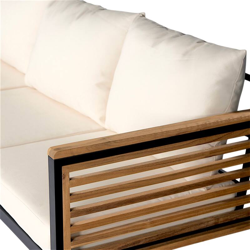 Roomfitters 3-Piece Outdoor Patio Sofa Set with Acacia Wood and Metal Frame, Cushioned Seating and Coffee Table, Beige
