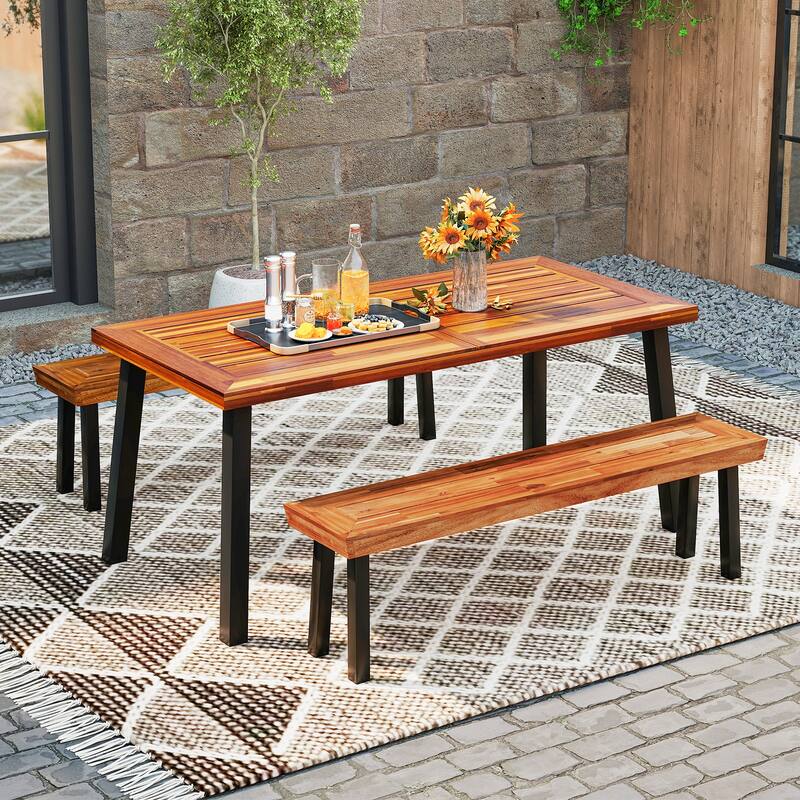 Gymax Outdoor Acacia Wood Benches Set of 2 w/ Slatted Top & Flared