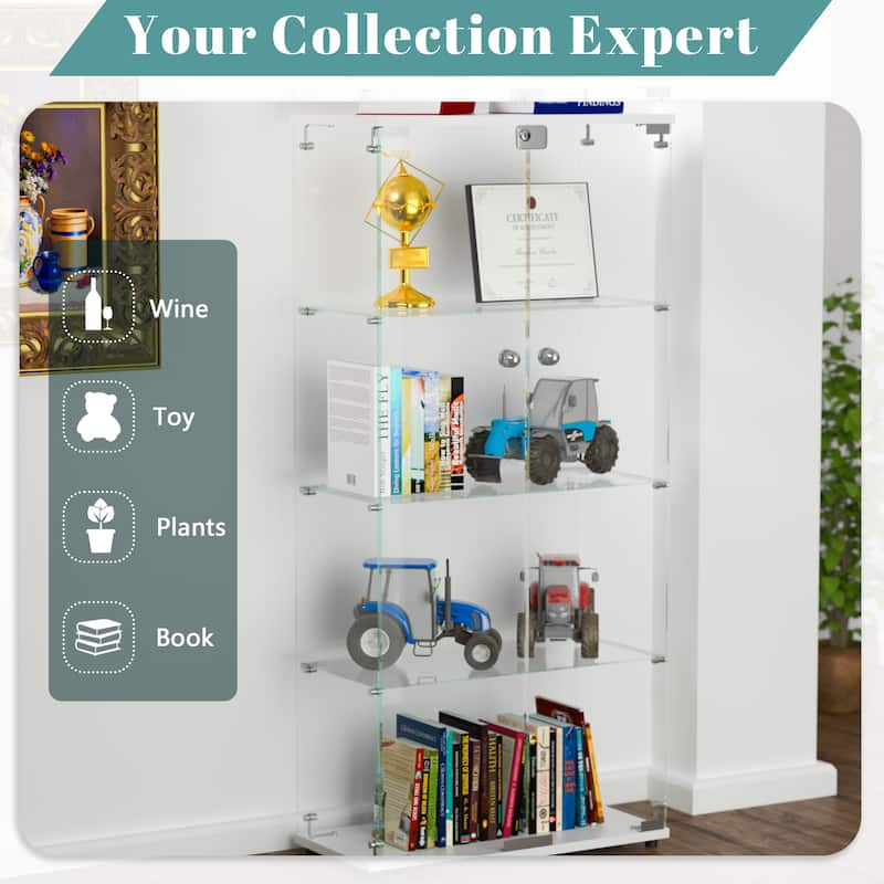 Glass Display Cabinet with Doors & Locks, Acrylic Shelves, Floor Standing Storage Showcase for Home or Office