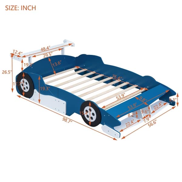 dimension image slide 2 of 6, Twin/Full Race Car Bed with Wheels & Safety Rails - Pine Wood Frame