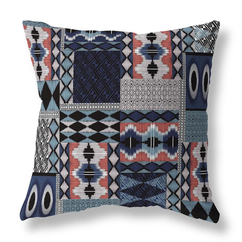 Blue And White Patched Perfection Faux Suede Throw Pillow Zipper