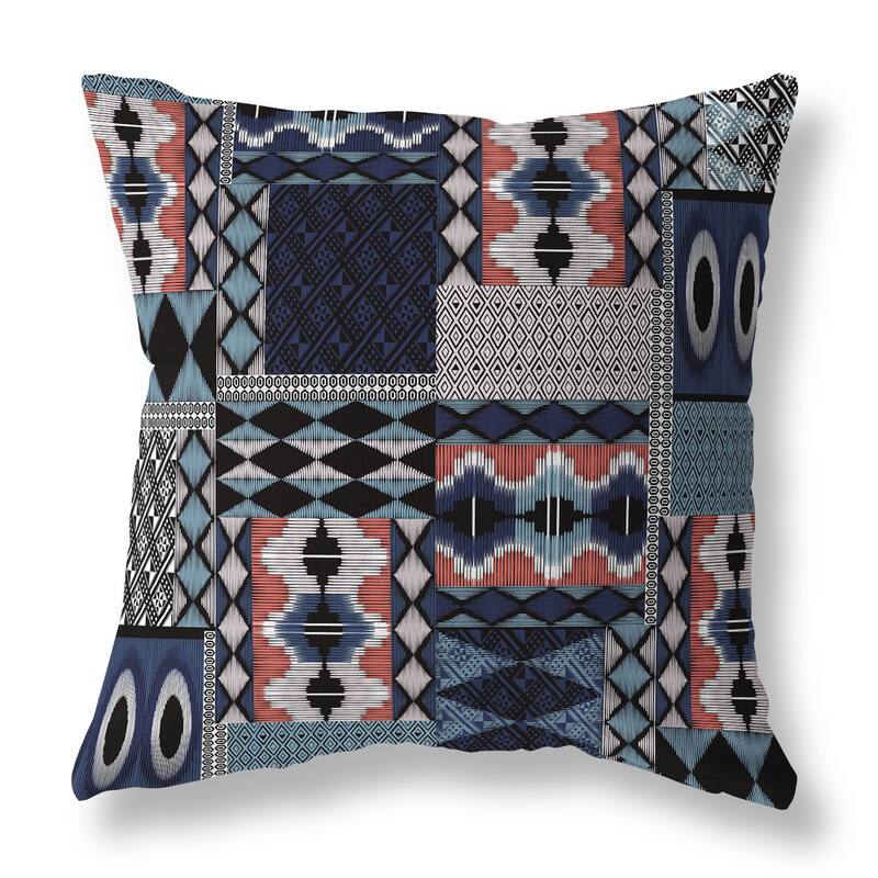 Blue And White Patched Perfection Indoor/Outdoor Throw Pillow Zipper