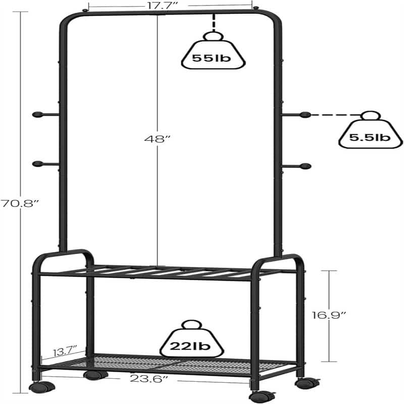 Garment Rack with 2 Tier Storage Shelf - 23.6"D x 13.7"W x 70.8"H