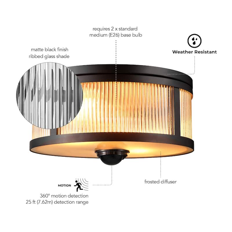 2-Light Matte Black Motion Activated Outdoor Flush Mount Ceiling Light with Ribbed Glass Shade and Frosted Glass Lens - 11"
