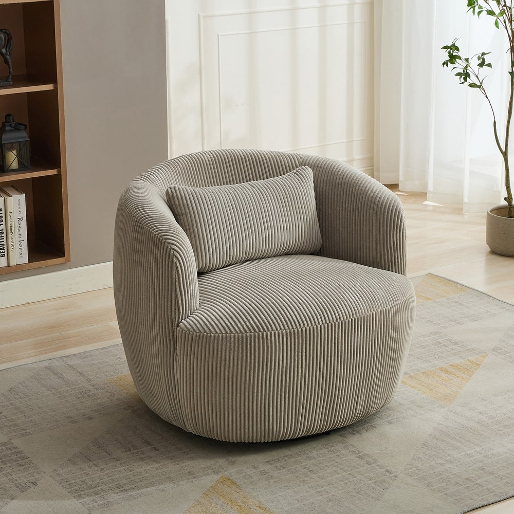 Corduroy Swivel Barrel Chair, Round Leisure Single Sofa Chair, Upholstered Accent Chair with Pillow & Stripe Curved Backrest